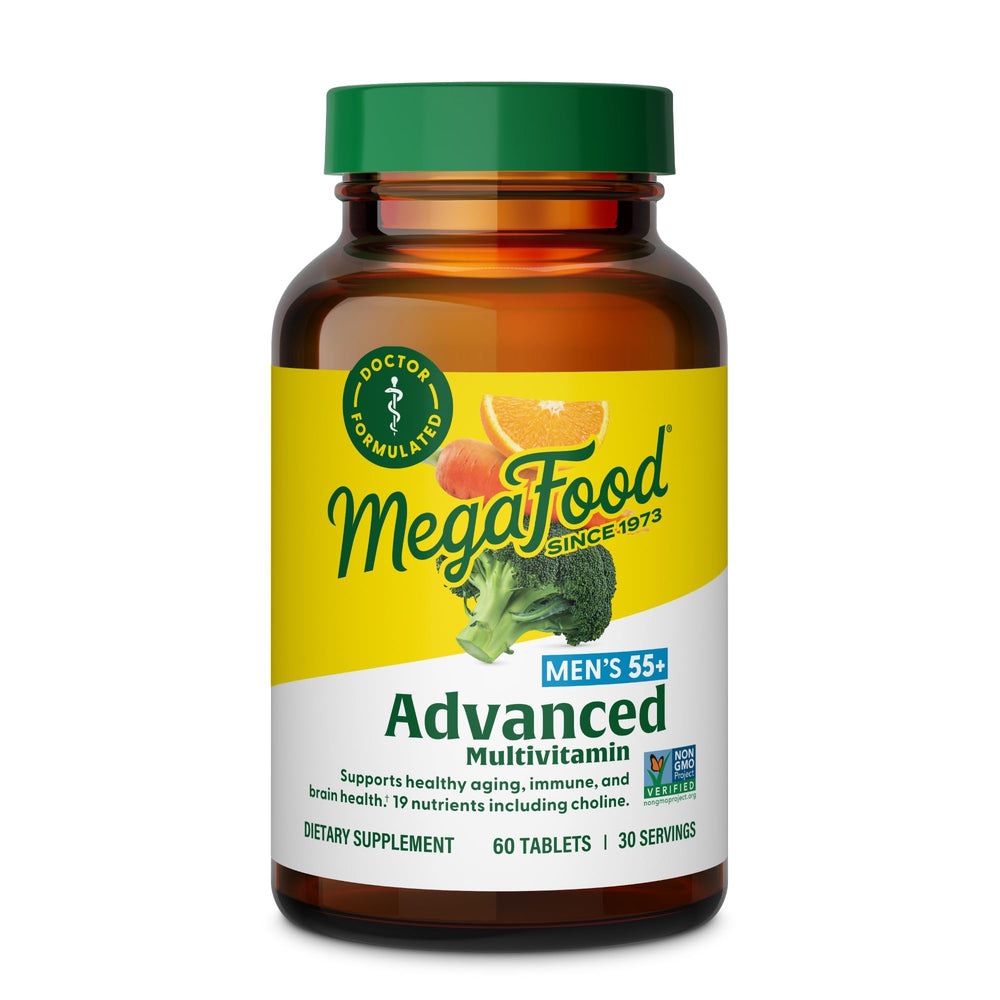 MegaFood Advanced Multivitamin for Men 55+ bottle ready for daily energy support