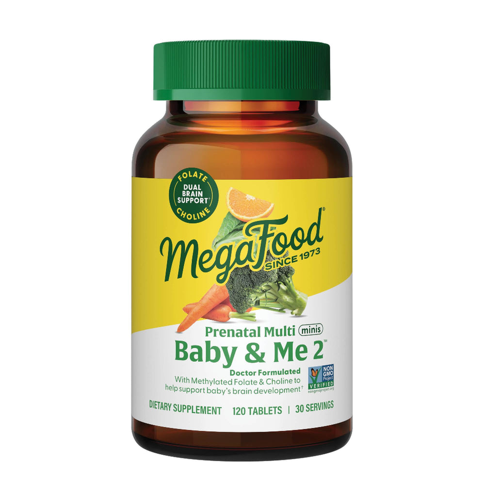 MegaFood Baby & Me 2 mini prenatal tablets for easy daily use.