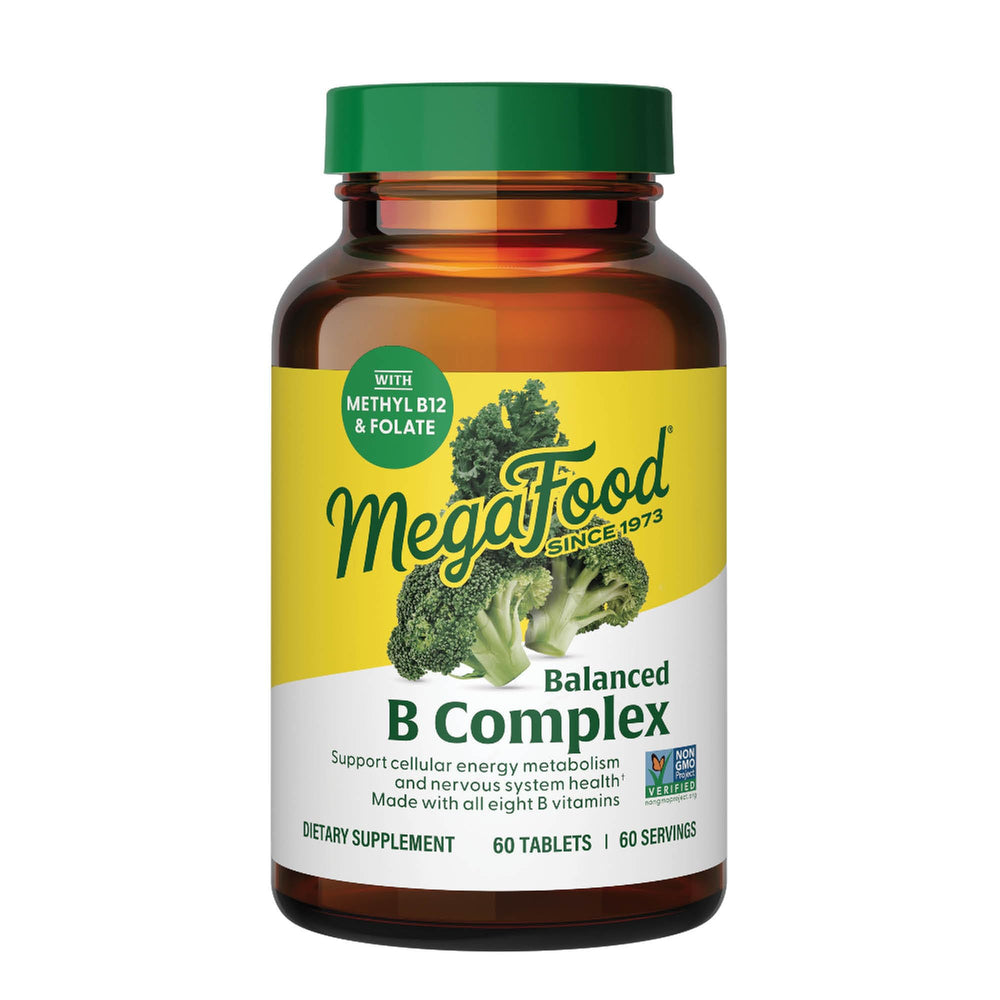 MegaFood Balanced B Complex bottle on a clean surface for daily energy support