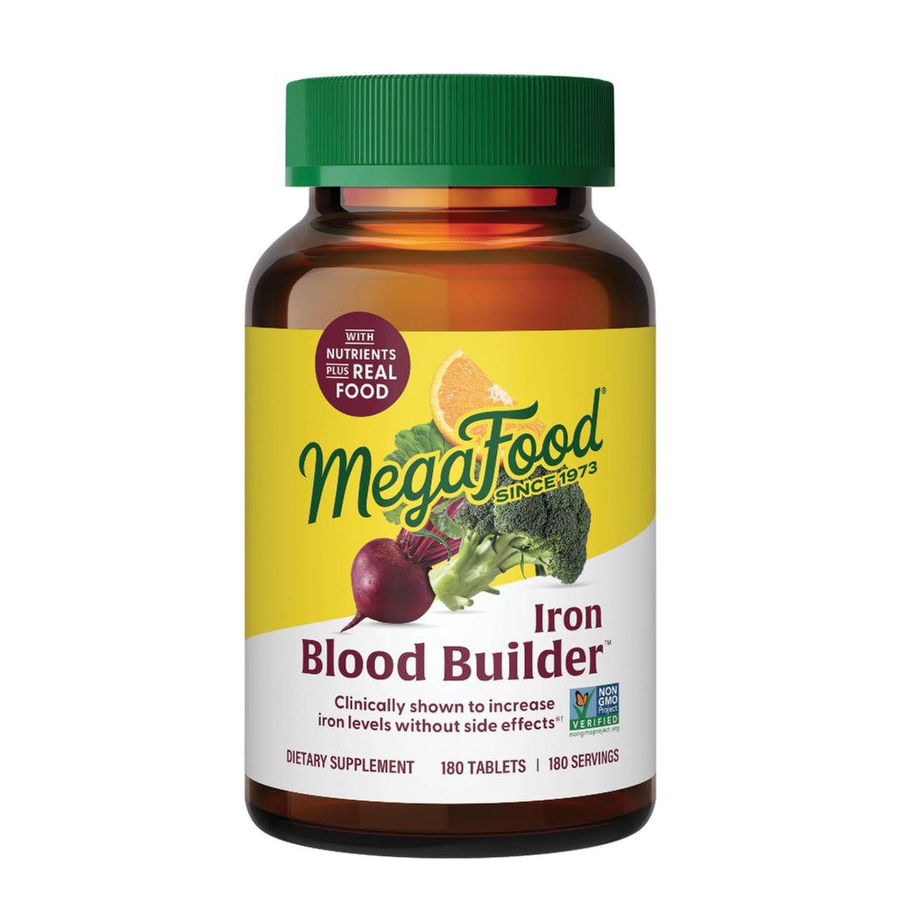 MegaFood Blood Builder bottle front shows gentle iron support for daily energy.
