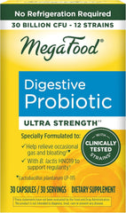 MegaFood Digestive Probiotic bottle shows 30B CFUs and 12 strains for daily gut support.