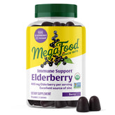 MegaFood Elderberry Gummies bottle shown, supporting daily immune wellness with real food ingredients.