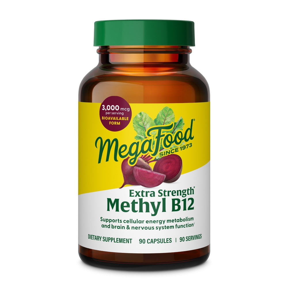 MegaFood Extra Strength Methyl B12 bottle with 90 vegan capsules for energy support.