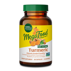 MegaFood fast-acting turmeric bottle label highlights joint support potential