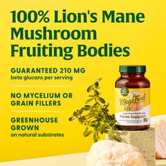 MegaFood greenhouse-grown Lions Mane on natural substrate signaling quality sourcing.