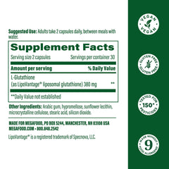 MegaFood liposomal glutathione capsules closeup suggest gentle, higher absorption daily antioxidant use