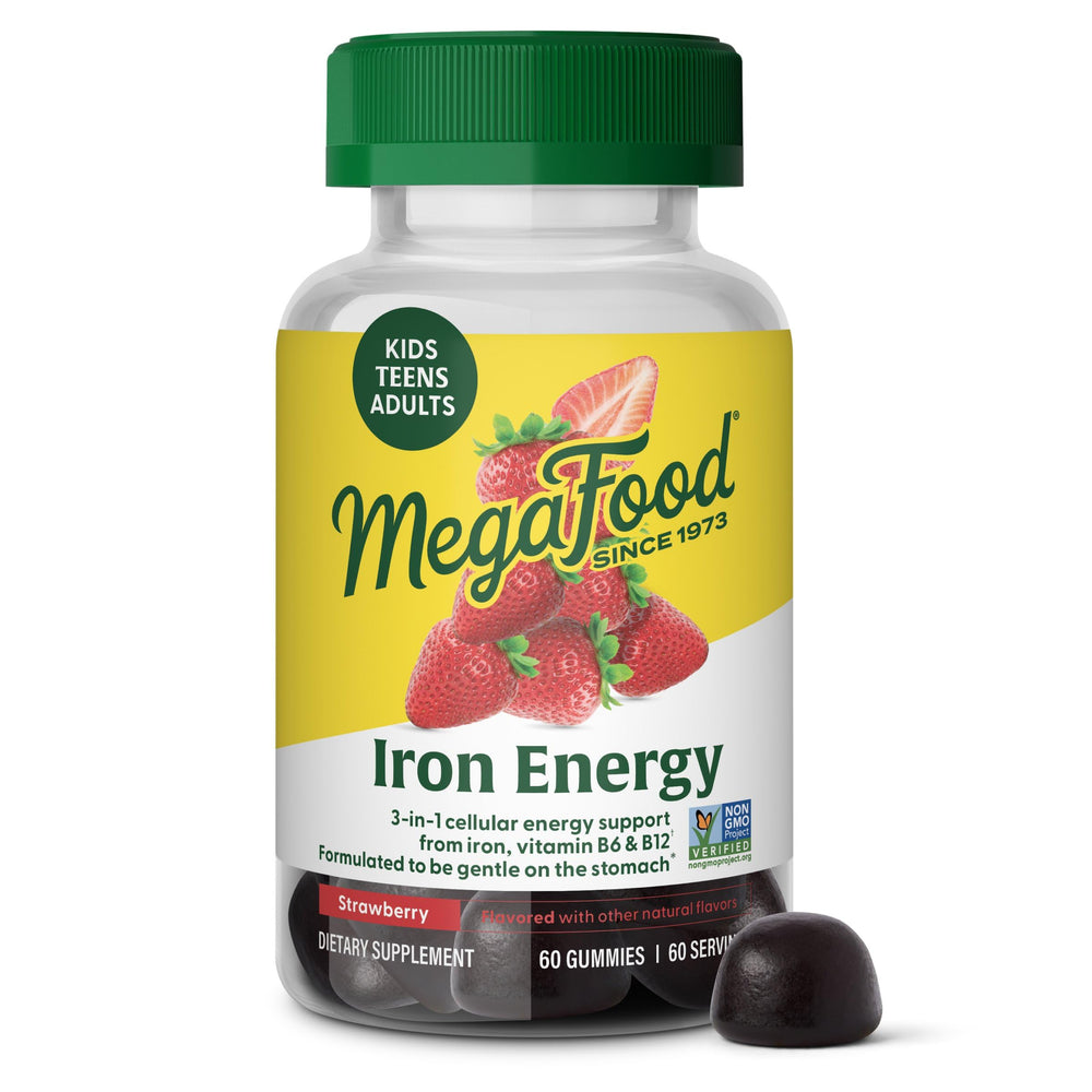 MegaFood Iron Energy Gummies bottle with strawberry flavor for gentle energy support.