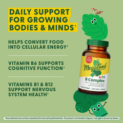 MegaFood Kids B Complex bottle highlights bioavailable methylfolate and methyl B12.