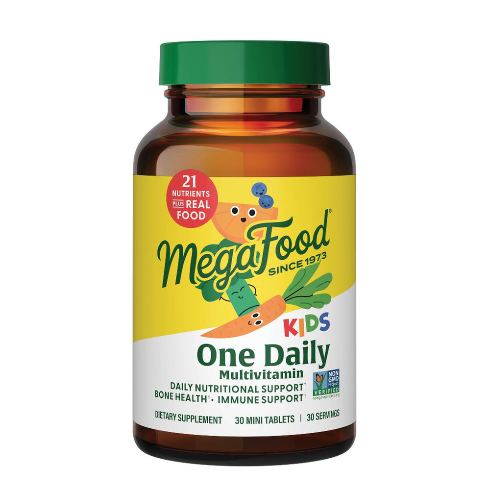 MegaFood Kids One Daily bottle on kitchen counter supports daily nutrition for kids