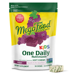 MegaFood Kids One Daily bottle front with grape-chew vitamins for daily growth.
