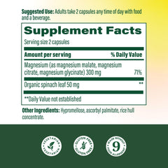 MegaFood magnesium bottle back shows ingredient blend details for transparency.