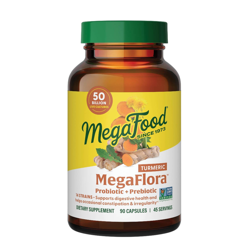 MegaFood Megaflora turmeric probiotics bottle highlighting 50B CFU and 14 strains