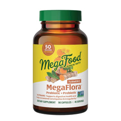 MegaFood Megaflora turmeric probiotics bottle highlighting 50B CFU and 14 strains