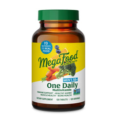 MegaFood Men 55+ bottle shows daily multivitamin for aging support.