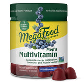 MegaFood Men’s Wild Blueberry Gummy bottle highlighting daily wellness benefits.