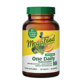 MegaFood One Daily Iron-Free Multivitamin bottle front highlights real-food ingredients for daily wellness.