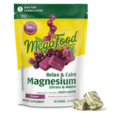 MegaFood Relax + Calm bottle pouring chews for convenient daily use.
