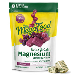MegaFood Relax + Calm bottle pouring chews for convenient daily use.