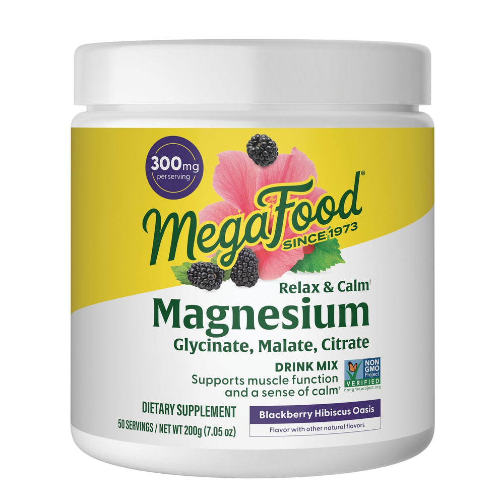 MegaFood Relax and Calm bottle highlights calming magnesium blend for daily wellness.