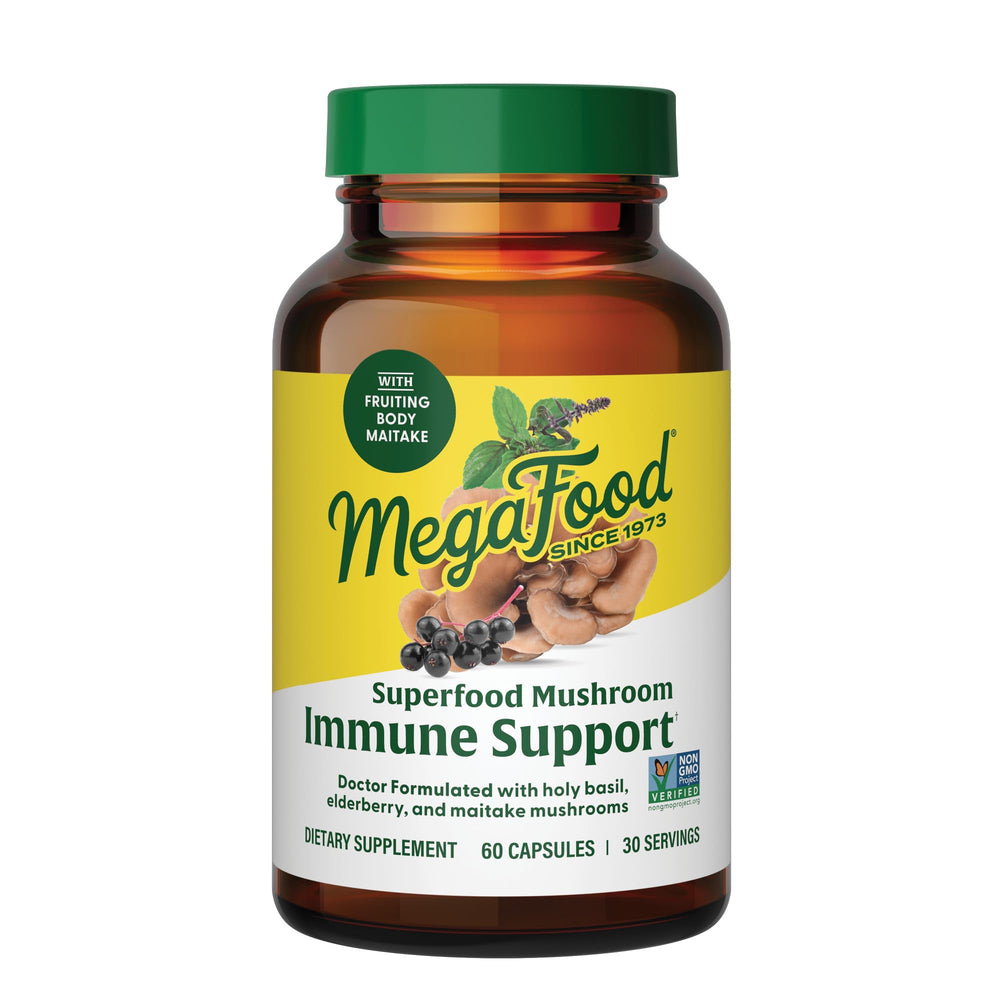 MegaFood Superfood Mushroom Immune Support bottle promoting daily immune wellness
