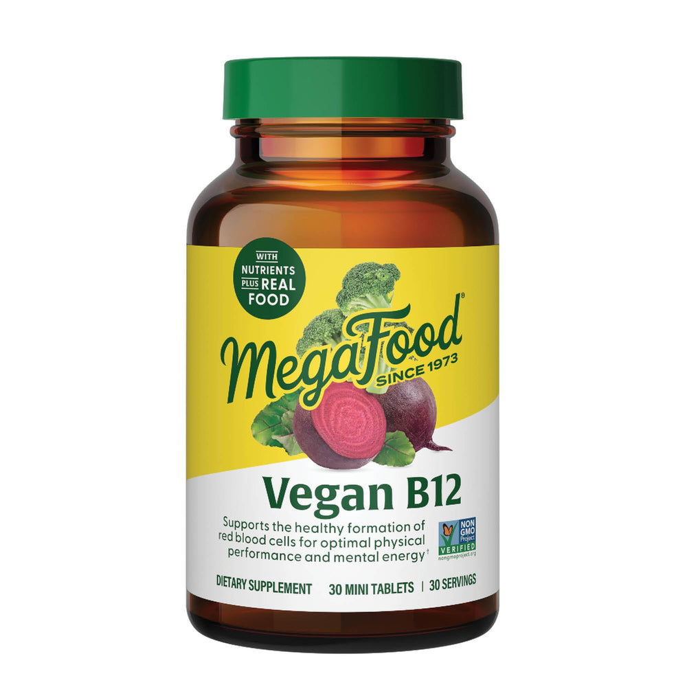 MegaFood vegan B12 mini-tablet bottle ready for daily energy support
