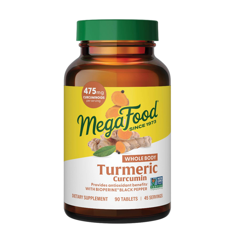 MegaFood Whole Body Turmeric bottle label shows turmeric and vitamin C for immune support