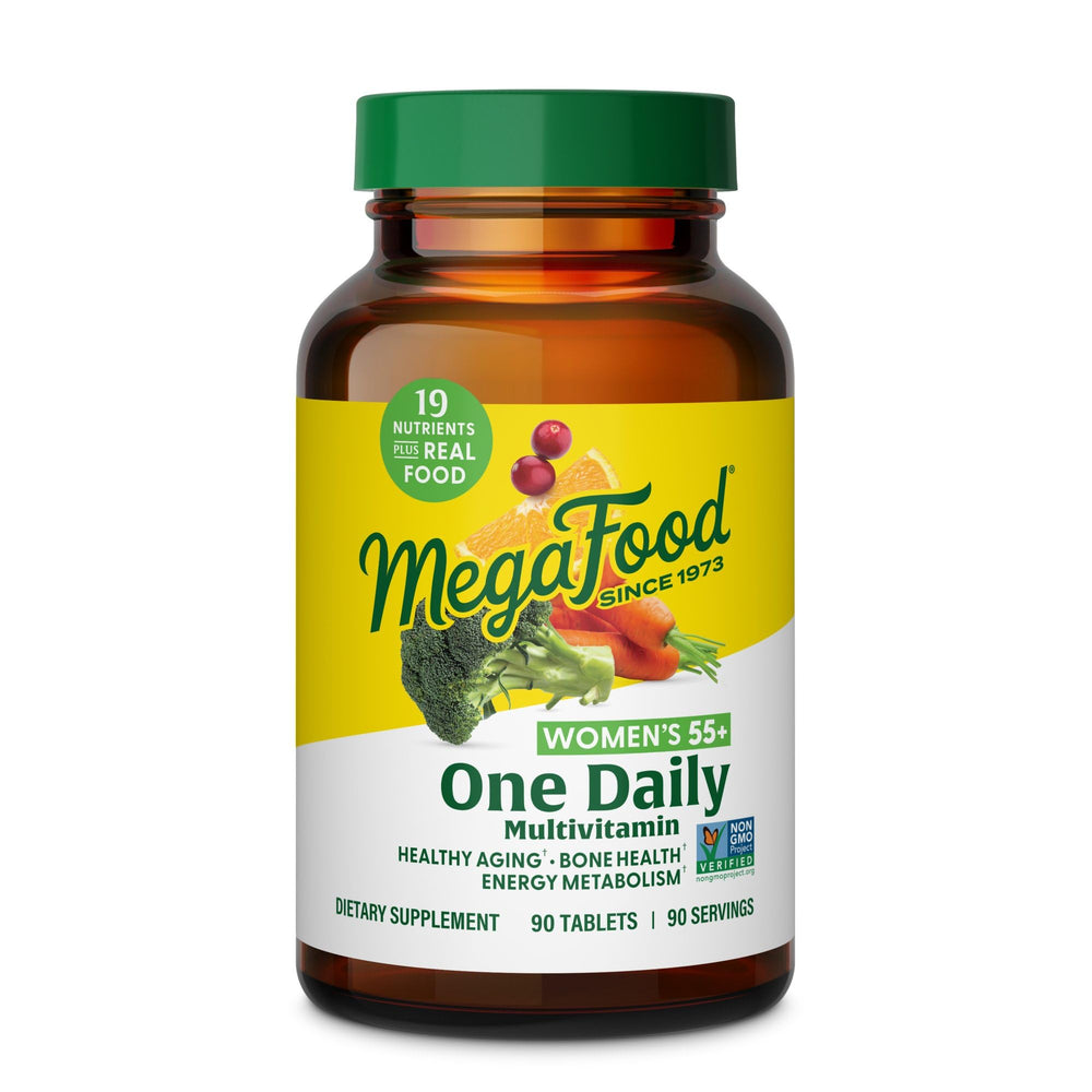 MegaFood Women 55+ one daily bottle highlighting a comprehensive multivitamin for aging well