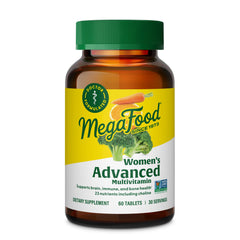 MegaFood Women's Advanced Multivitamin bottle close-up for daily wellness support.