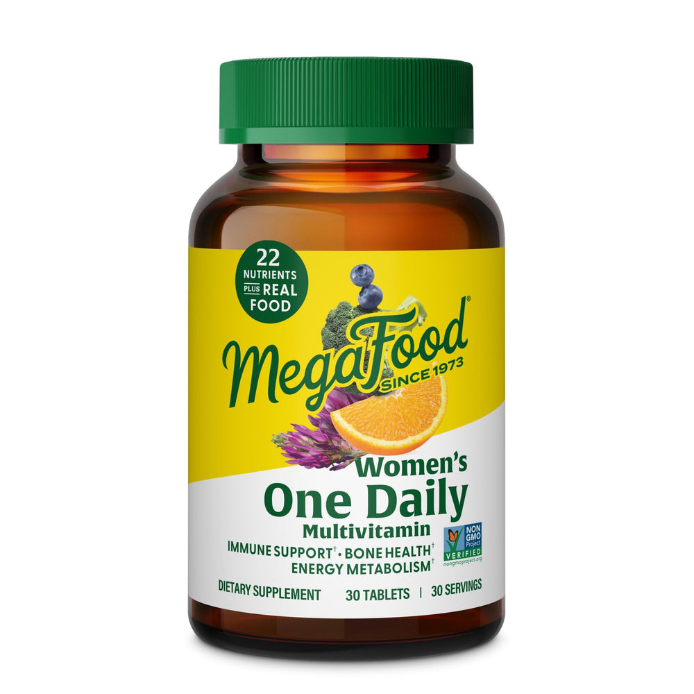 MegaFood Women's Multivitamin One Daily bottle highlights convenient daily immune support and energy help.