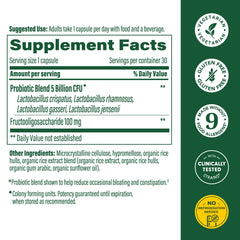 MegaFood Women's Probiotic bottle side notes gluten-free vegetarian formulation.