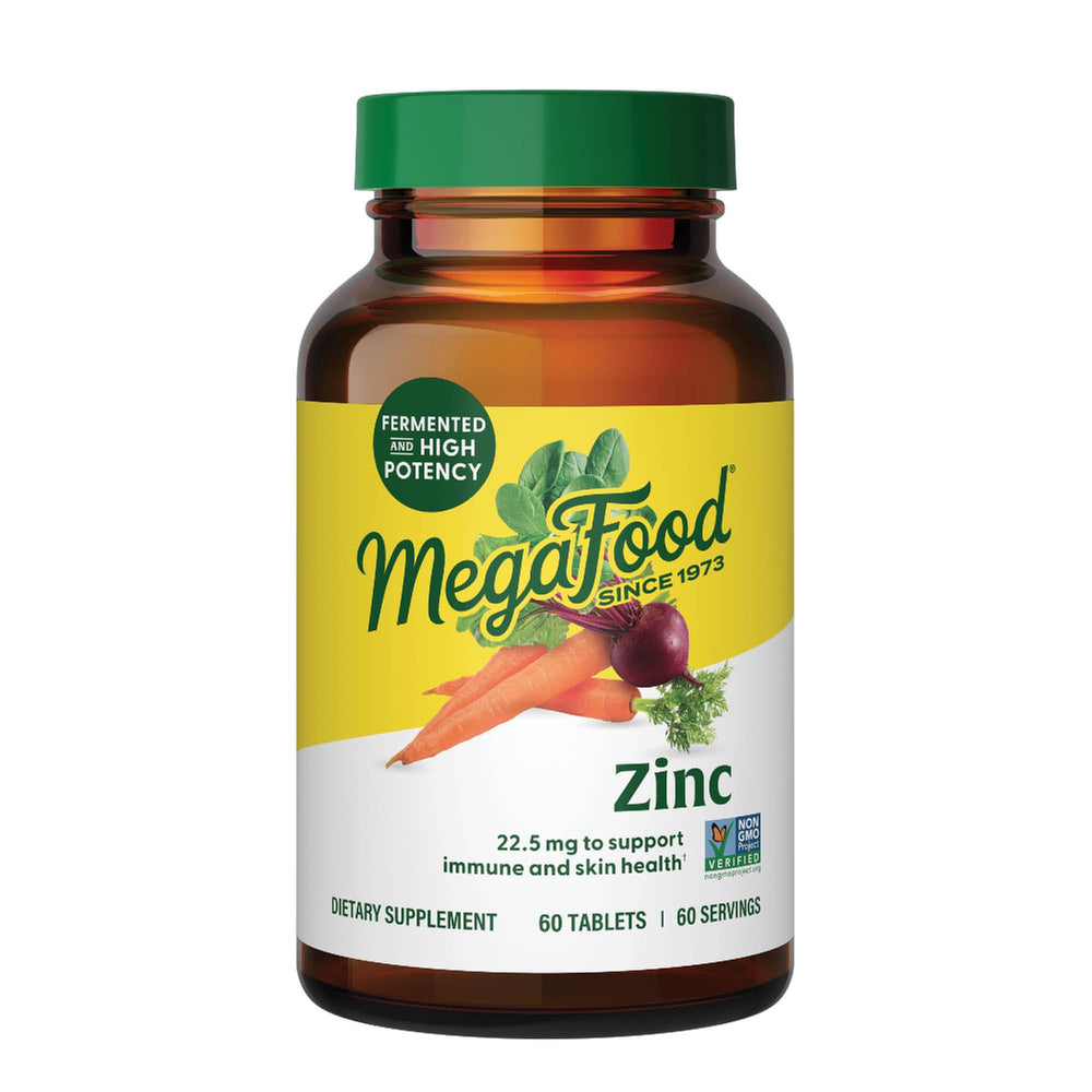MegaFood zinc supplement bottle with real-food ingredients for immune support.