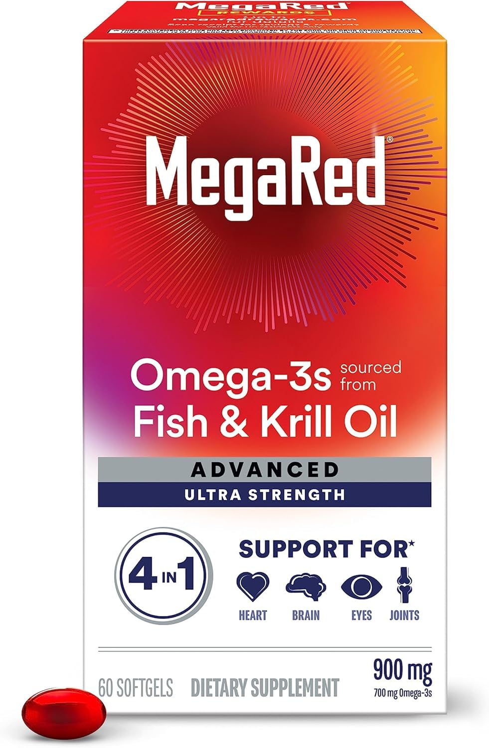 MegaRed Advanced 4in1 softgel bottle supports heart, brain, and eye health with compact omega-3 capsules.