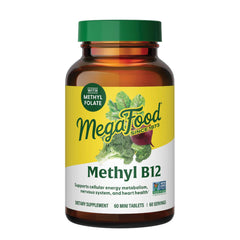 MegaFood Methyl B12 tablets close-up highlighting vegan energy support.