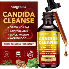 MEGNETA Candida Cleanse bottle with triple-targeting formula supports digestive balance.