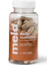 Mela Daily Essentials bottle front with capsules; high-dose D3 supports immune vitality.