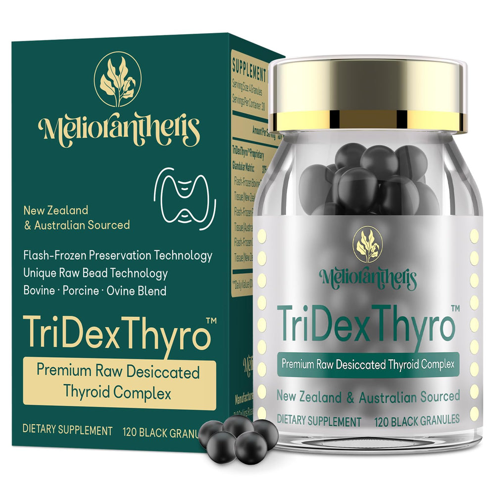 Meliorantheris TriDexThyro bottle front view for everyday thyroid support and clean ingredients