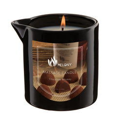 MELONY Massage Oil Candle Chocolate Whiskey lit for a warm, relaxing ambiance