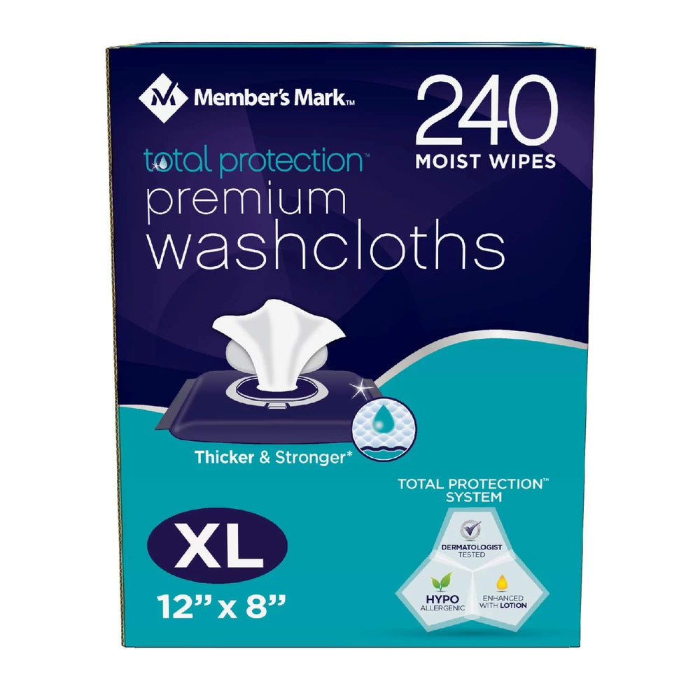 Member's Mark Adult Washcloths 240 count packaging shows bulk value for busy households.