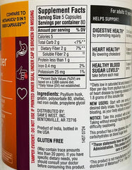 Member's Mark Fiber Capsules twin-pack bottles on kitchen counter for daily fiber routine.