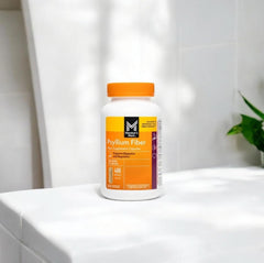 Member's Mark psyllium husk capsules spill on countertop showing daily routine usage