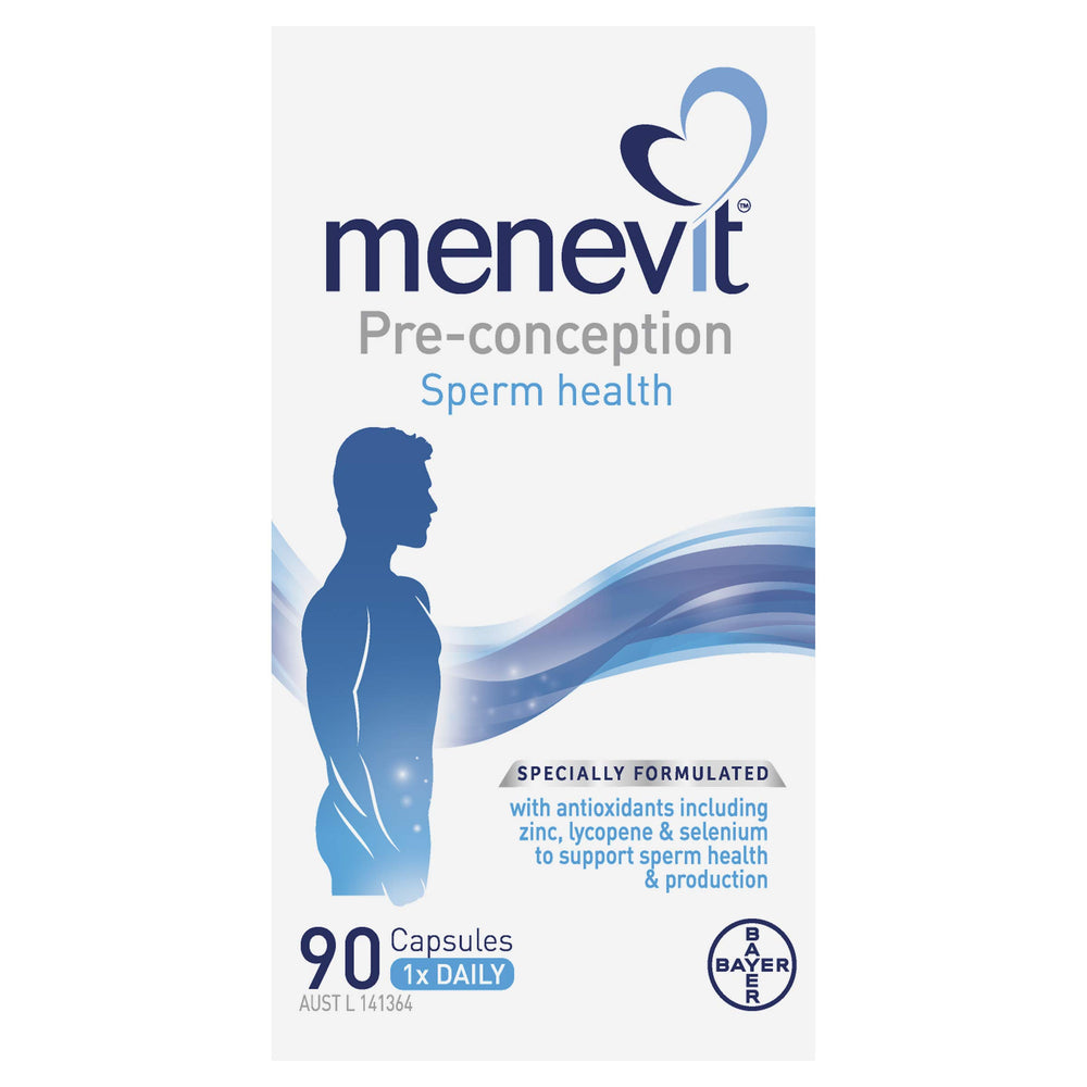 MENEVIT bottle front showing branding for easy daily reproductive health support.