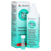 Menicare MeniCare Plus 250ml bottle close-up, promoting eased application and lens comfort.