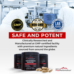 Label on MEN'S PeakPerformance highlights non-GMO and third-party testing
