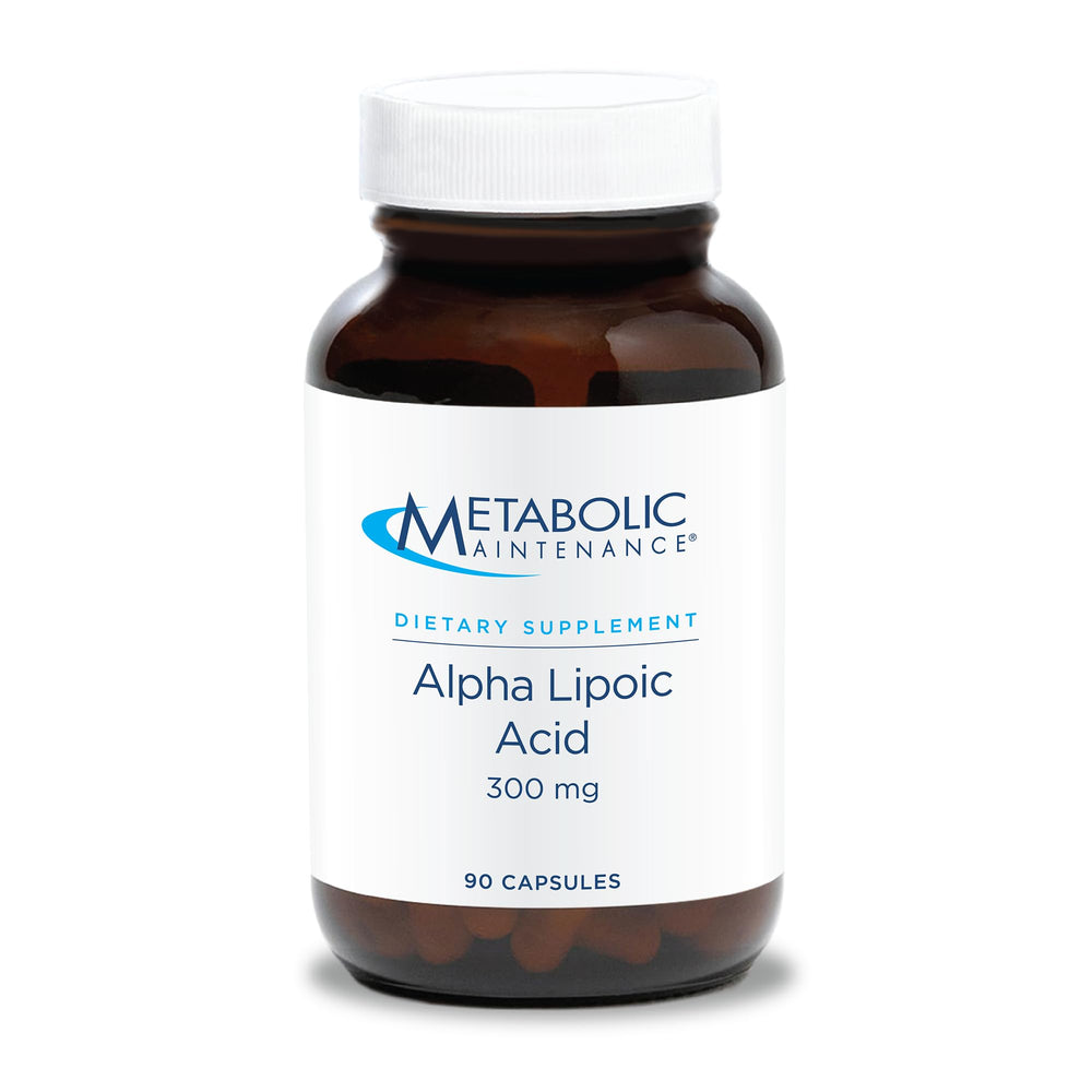 Metabolic Maintenance Alpha Lipoic Acid bottle on counter showing daily antioxidant support