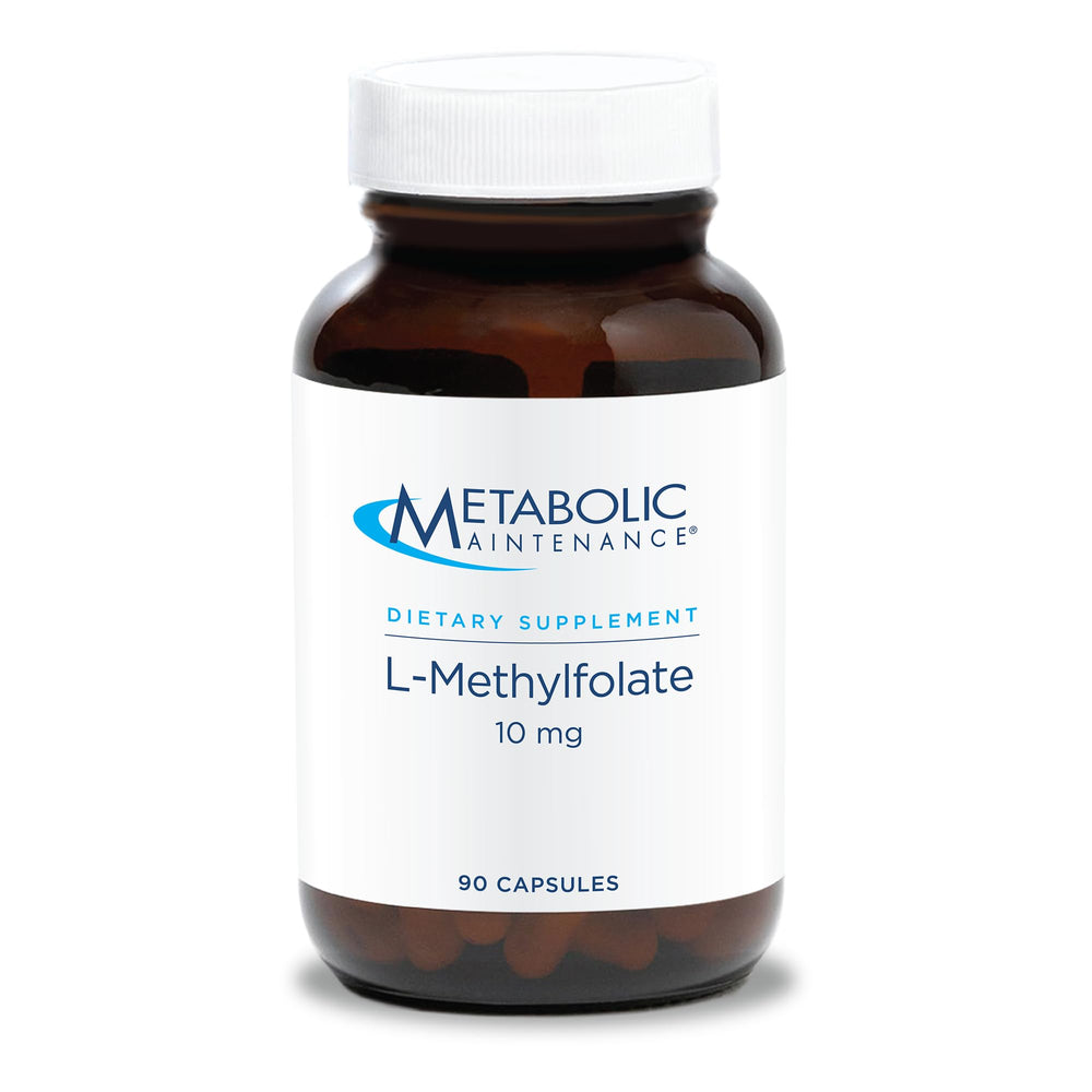 Metabolic Maintenance L-Methylfolate 10 mg bottle with label for daily use.
