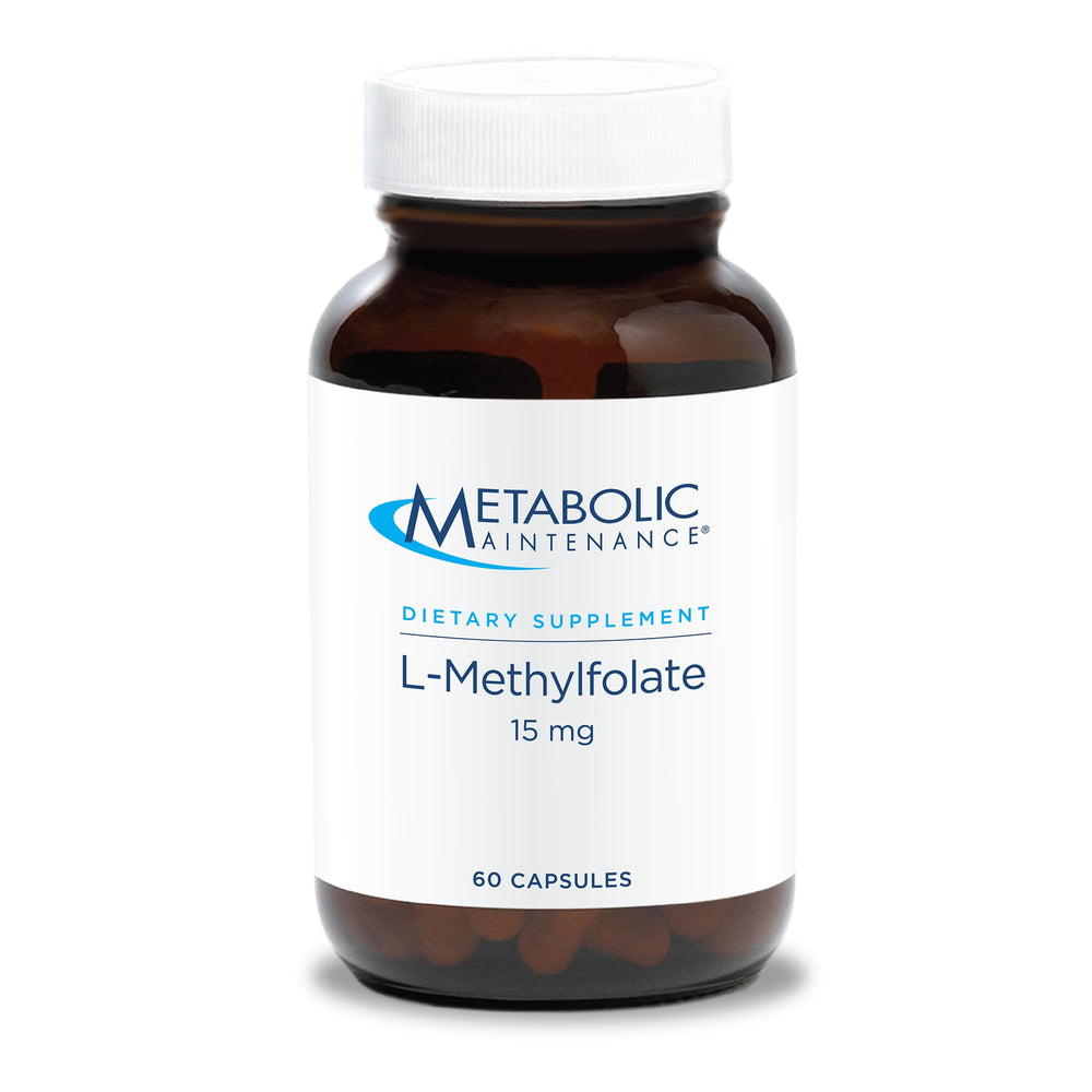 Metabolic Maintenance L-Methylfolate 15 mg bottle front shows pure methylfolate for brain health support.