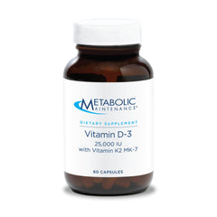 Metabolic Maintenance Vitamin D3 K2 bottle showcases 25,000 IU for bone support.