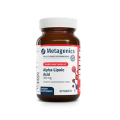 Metagenics Alpha-Lipoic Acid 300 mg bottle front view showing potency and label clarity.
