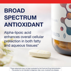 Metagenics Alpha-Lipoic Acid bottle side view with GMP-friendly packaging details.