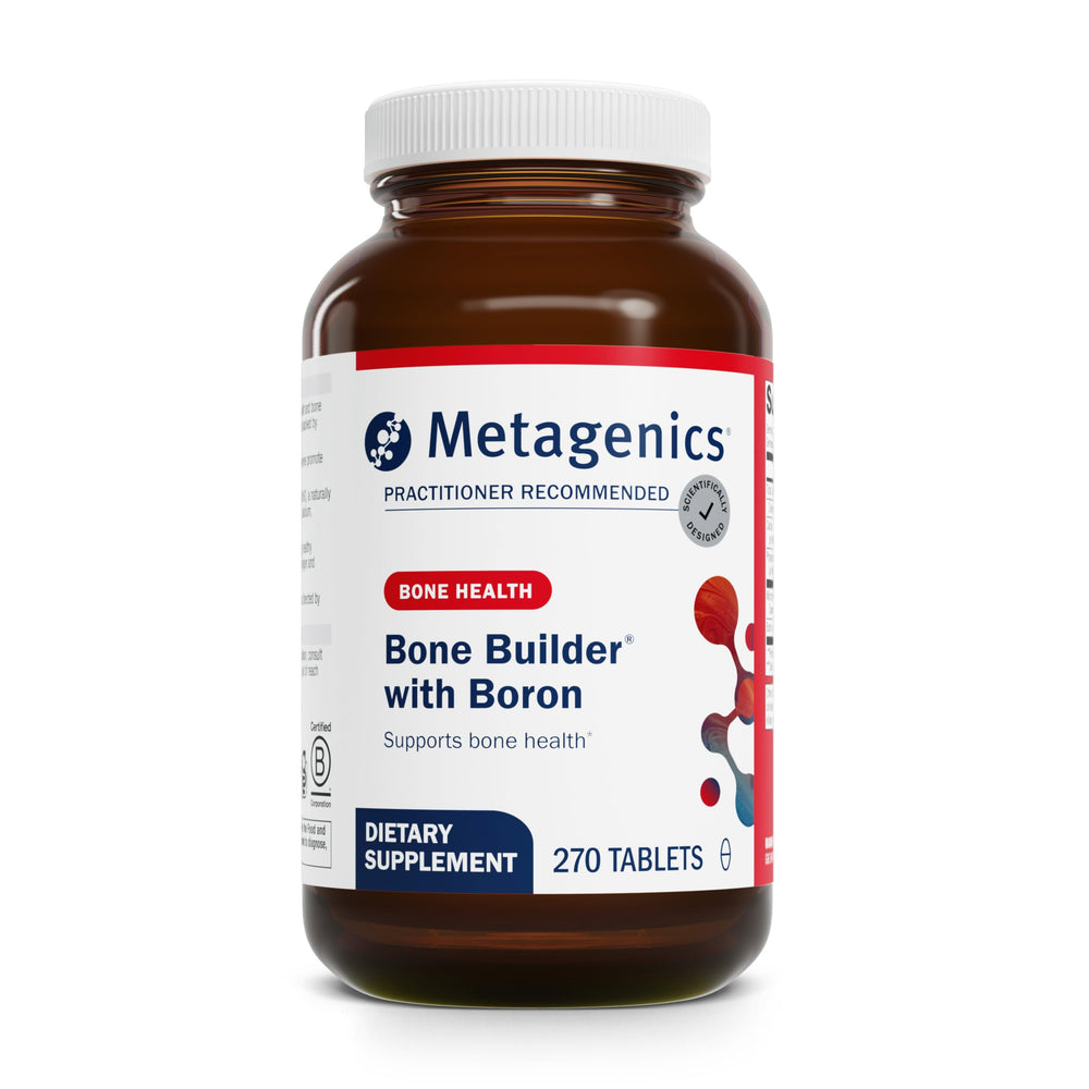 Metagenics Bone Builder bottle front showing a trusted mineral formula for bone support